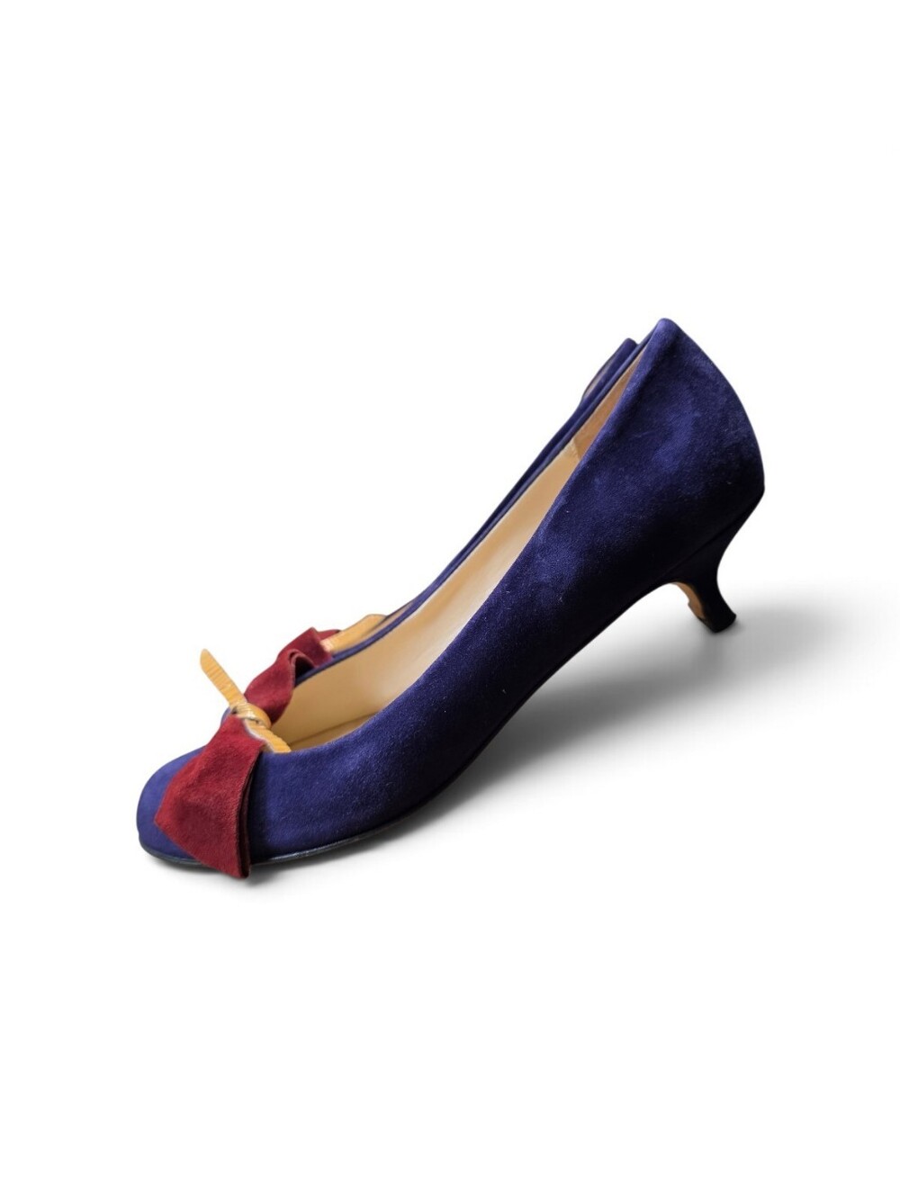 Butter Blue Suede Kitten Heel Pump with Burgundy Bow Size 9